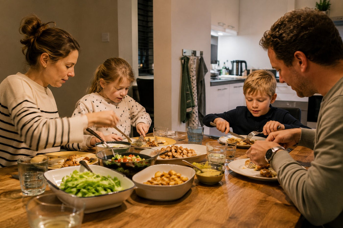 Gezin aan tafel tijdens het avondeten