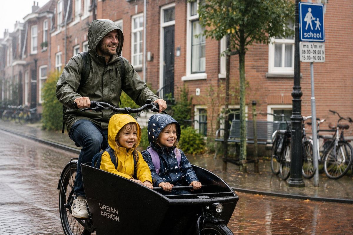 Vader brengt twee kinderen op de bakfiets naar school