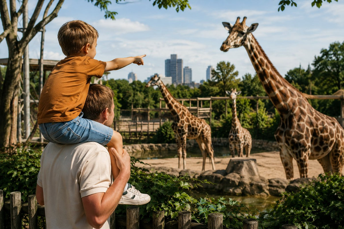 Kind op de schouders bij de dieren in de dierentuin