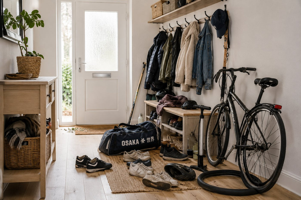 Gang met jassen aan de kapstok, sporttas, schoenen en een fiets met een lekke band