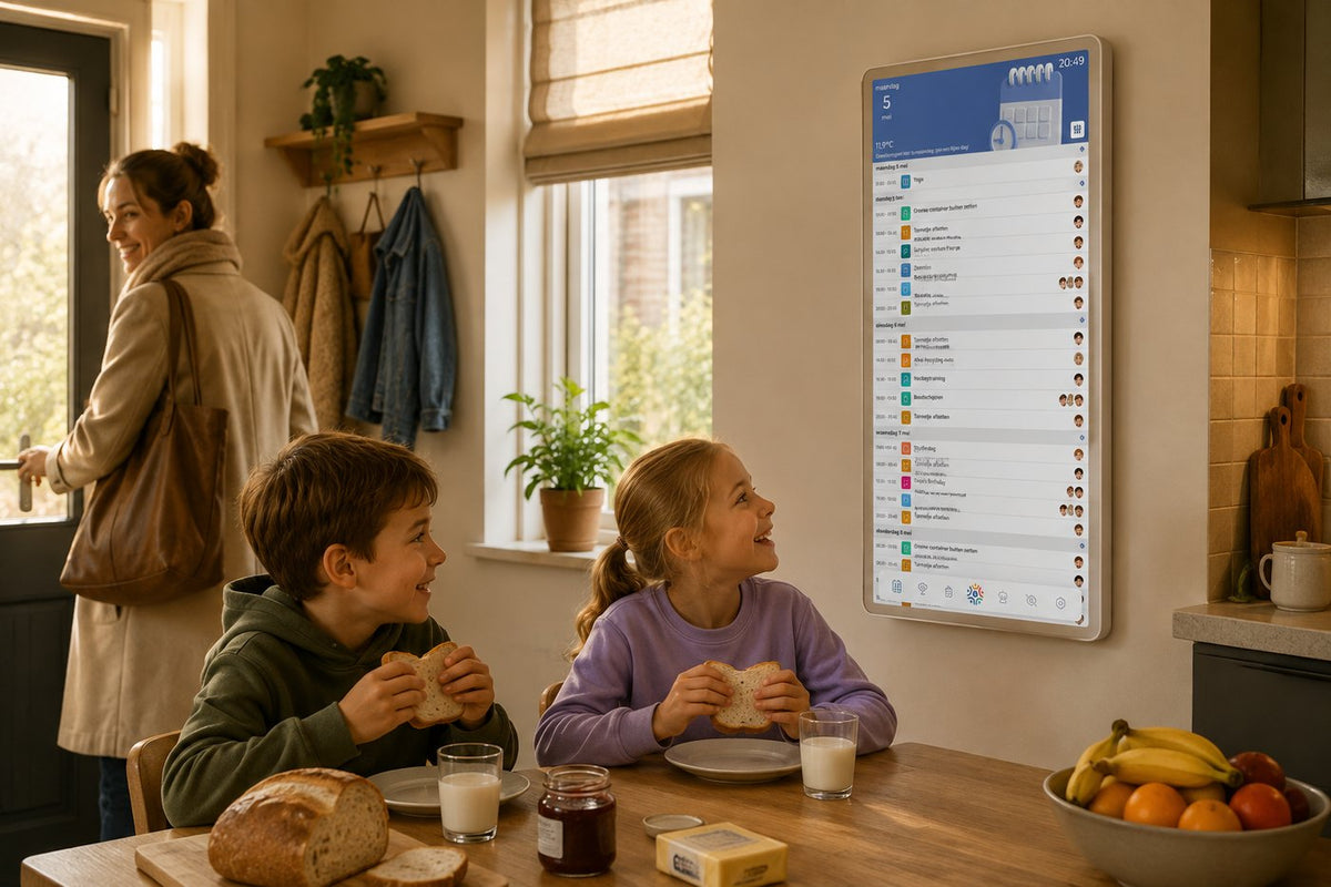 Ochtend in de keuken met het Qudoo-scherm aan de muur