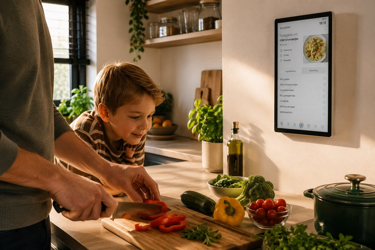 Koken in de keuken met een kind dat meekijkt