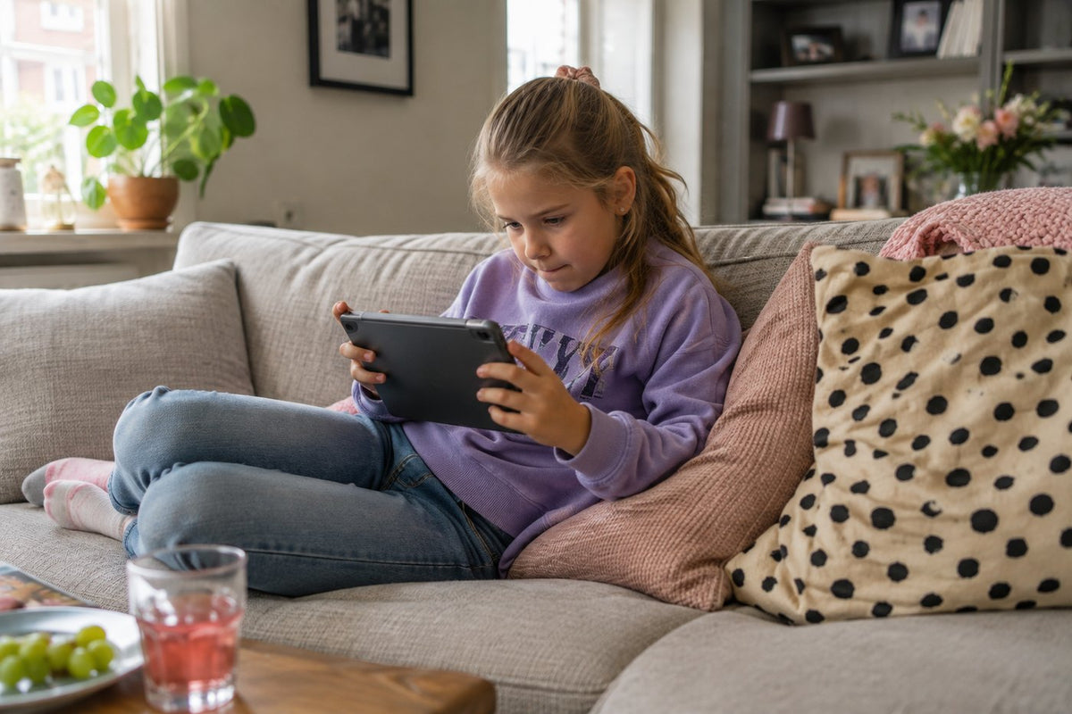 Meisje met een tablet op de bank tijdens haar schermtijd