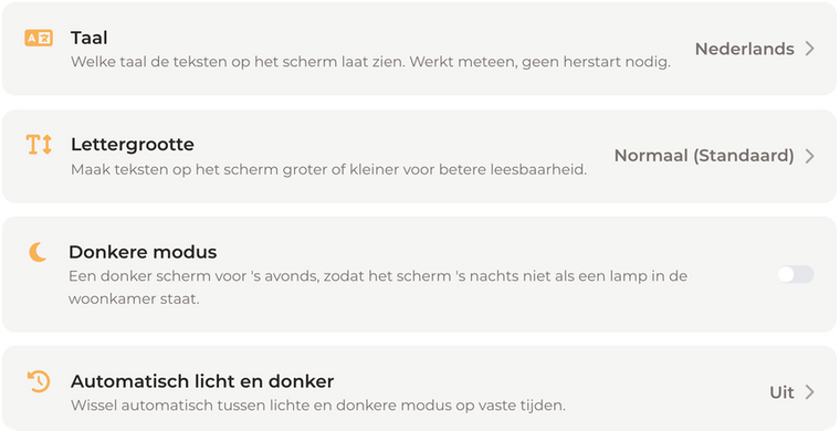 Qudoo-instellingen: taal, lettergrootte, donkere modus en automatisch licht en donker
