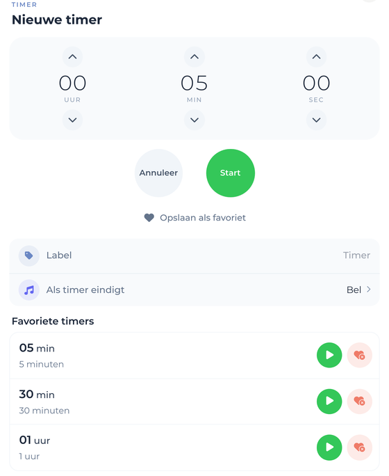 Qudoo-timer instellen, met favoriete tijden van vijf minuten tot een uur