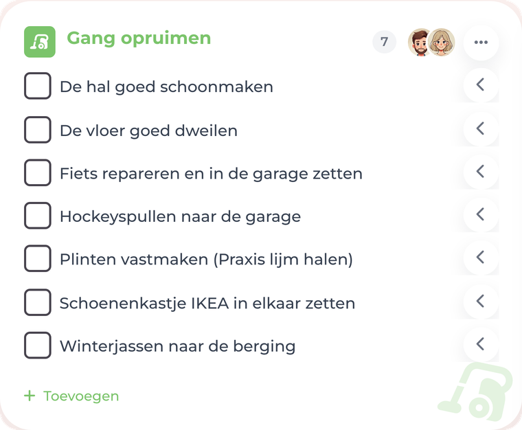 Qudoo-lijst Gang opruimen met zeven taken