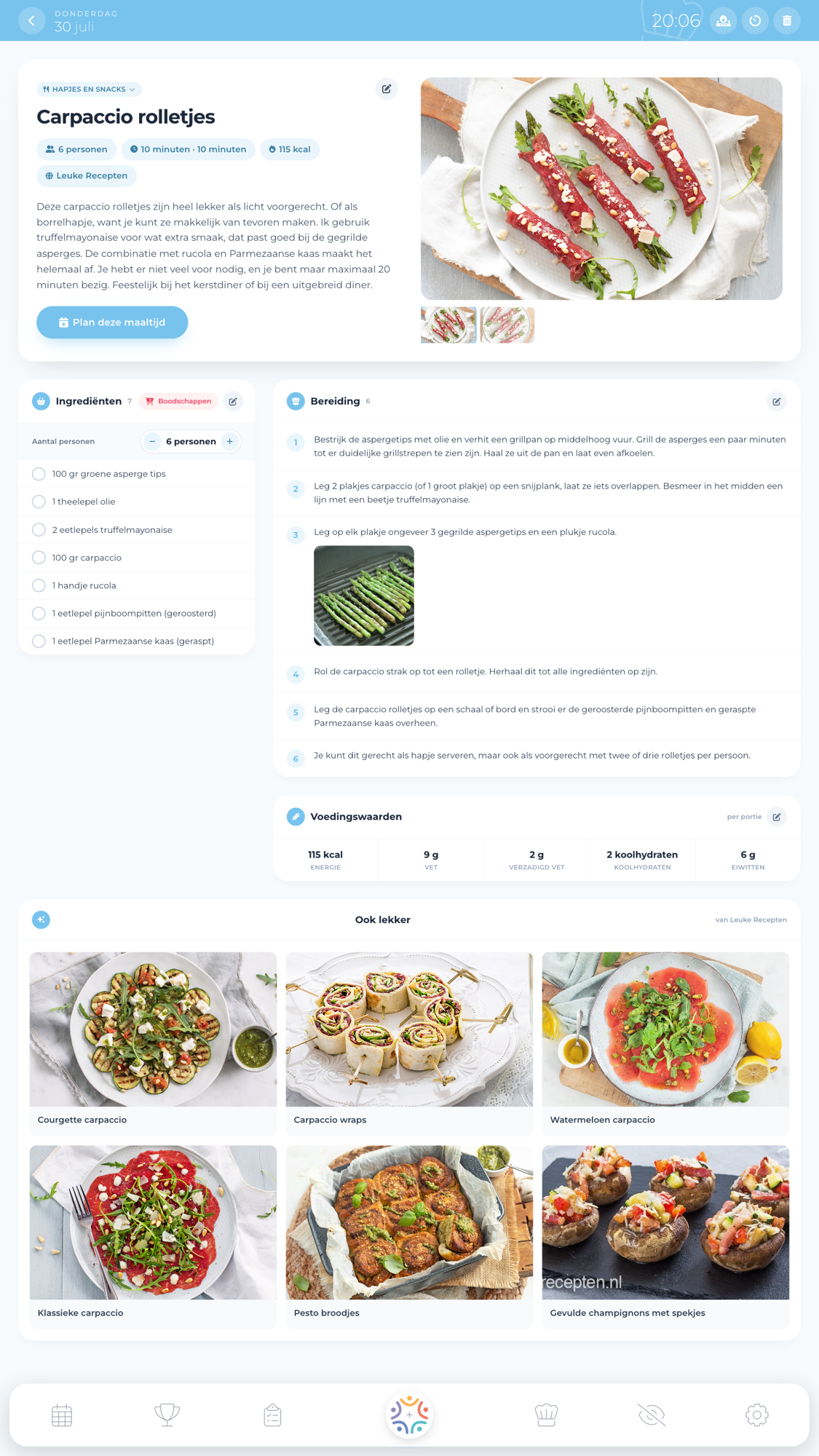 Een recept op het staande Qudoo scherm: ingrediënten links, alle bereidingsstappen rechts, met porties, voedingswaarden en verwante gerechten